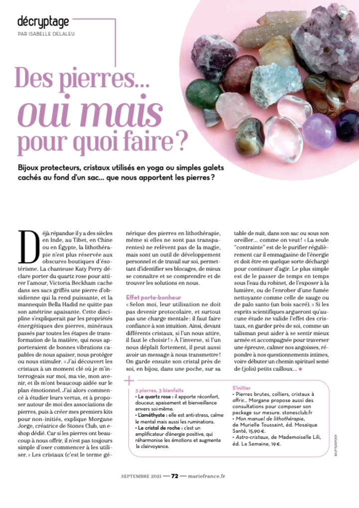 MARIE FRANCE print septembre - tout comprendre de la lithotherapie (interview)